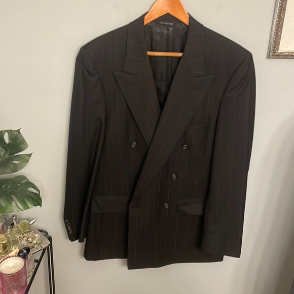 Burberrys Double Breasted Wool Suit Burberry Black Pinstriped 42R